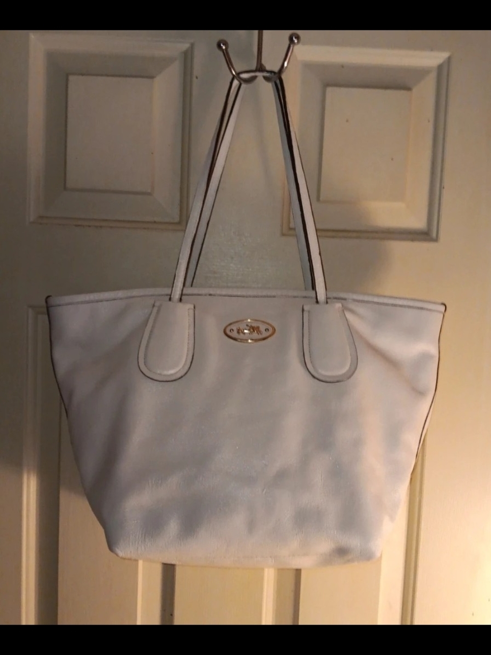 Coach Cream Leather Tote with Gold-Tone Plaque
